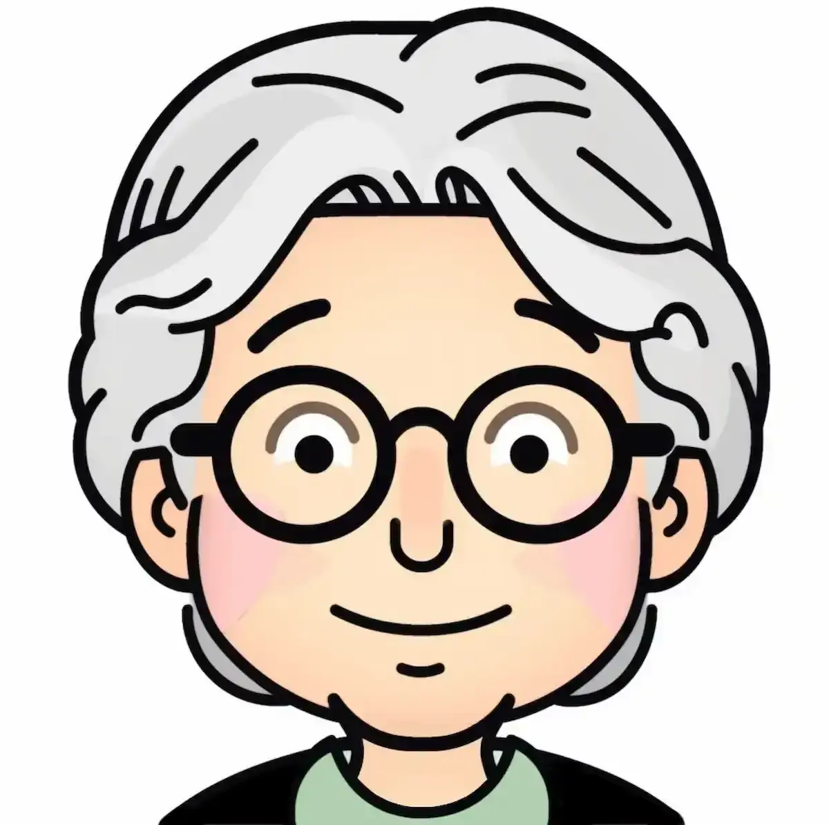 cartoon face in 2d of a loving, gray haired grandmother with glasses